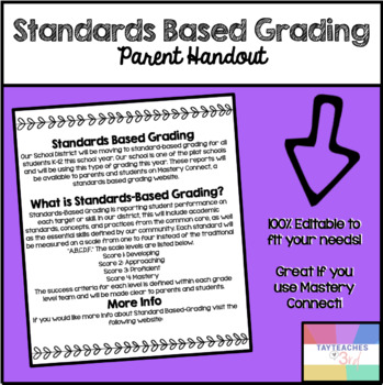 Preview of Standards Based Grading/ Mastery Connect Parent Handout- 100% Editable