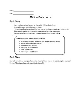 Preview of Standards Based Movie Assignment Million Dollar Arm- Theme, Complex Character