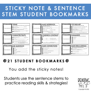 Preview of Sticky Note & Sentence Stem Reading Response Student Bookmarks