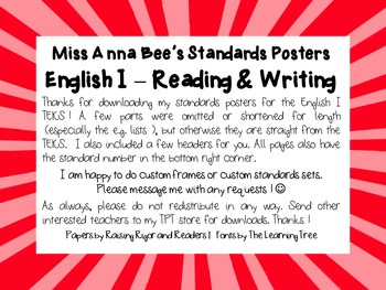 Standards Posters  English I TEKS (Red Starburst) by Miss Anna Bee