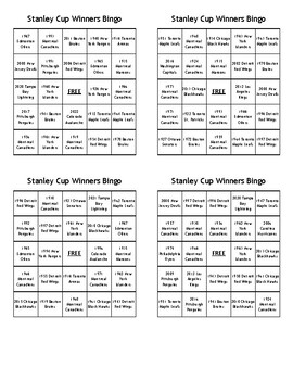 Stanley Cup Winners Hockey Bingo - 100 Different Cards - Just Print, Cut,  Play!