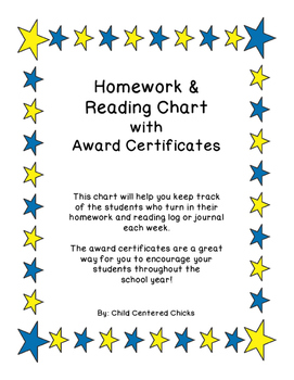Preview of Homework Reading Teacher Tracking Chart with Award Certificates Blue/Yellow Star