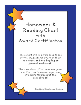 Preview of Homework Reading Teacher Tracking Chart w/ Award Certificates Yellow Star w Blue