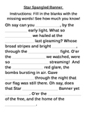 Star Spangled Banner Fill in the Blank Worksheet