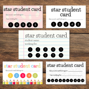 Star Student Punch Card Student Punch Cards Digital Download 3.5 X