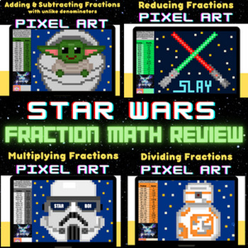 Preview of Star Wars Inspired End of Year Fractions Math Pixel Art Google Sheets Bundle