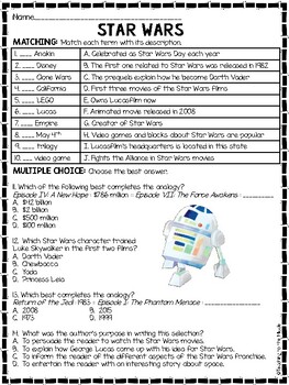 Star Wars Inspired Reading Comprehension Worksheet by Teaching to the