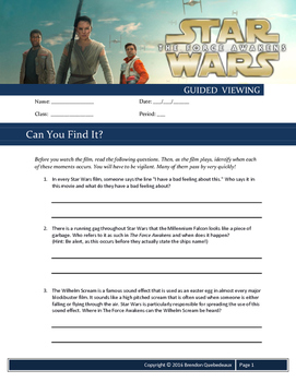 Preview of Star Wars VII: The Force Awakens (2015) Guided Viewing (Movie Guide) Worksheet