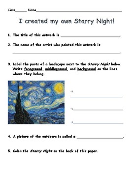 Starry Night Landscape worksheet by Art Education Resources by LalyPete