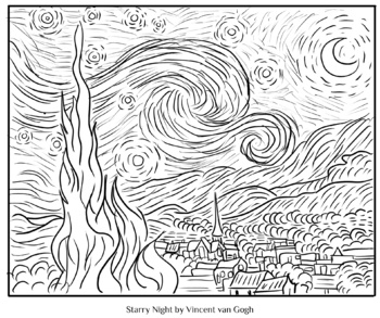 Starry Night by Vincent van Gogh - Coloring Page by Art with Amber