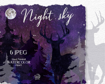 Preview of Starry sky, night forest, house and deer