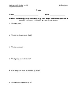 Preview of Stars Article (Reading Level 1) Comprehension Worksheet