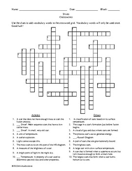 Stars Crossword Puzzle with Answer Key by Kinkaid Science TPT