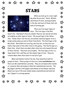 Preview of Stars Reading Passage and Questions