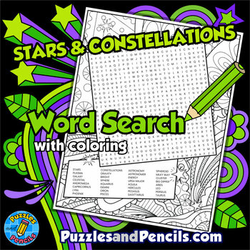 Preview of Stars and Constellations Word Search Puzzle Activity Page with Coloring