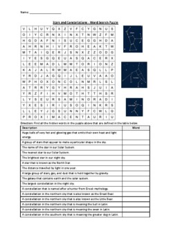 Preview of Stars and Constellations - Word Search Puzzle Worksheet Activity (Printable)