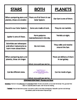 Preview of Stars and Planets - compare/contrast sort