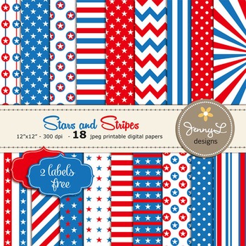 Preview of Stars and Stripes Digital Papers, Patriotic, Red, White and Blue