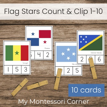 Preview of Stars on World Flags Count and Clip Cards 1-10, Montessori Geography and Math