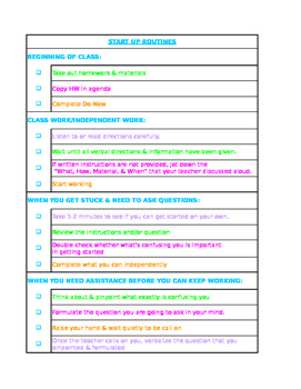 Preview of Start Up, Transition, Routines Student Self-Regulation Checklist