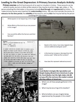 Start of Great Depression Causes Primary Source Analysis Handout US History