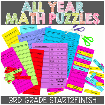 Preview of 3rd Gr Entire Year Start2Finish Math Puzzles | Printable & Digital Bundle