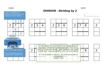 Preview of Starting DIVISION Math Practice - EXCEL SPREADSHEET Divide by 1 and 2