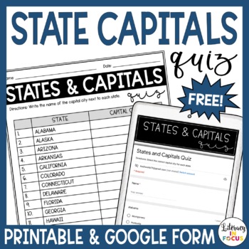 Preview of State Capitals Quiz | 50 States & Capitals Printable and Google Forms Quiz