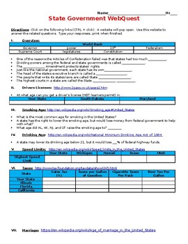 Preview of State Government WebQuest (Federalism/ States Rights)