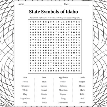State Symbols of Idaho Word Search Puzzle Worksheet Activity TPT