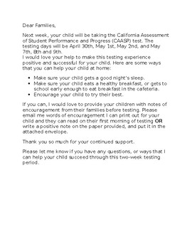 Preview of State Testing Letter to Parents