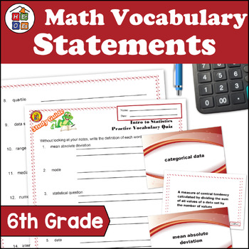 Preview of Statements | 6th Grade Pre-algebra Math Vocabulary Study Guide Flash Cards Quiz
