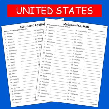 States & Capitals List Worksheet 2 VERSIONS | TPT