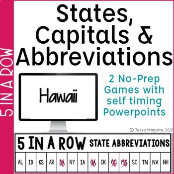 Preview of States & Capitals Game | State Abbreviations Games | 5 in a Row
