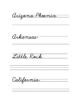 states and capitals cursive writing practice by carole woelki tpt