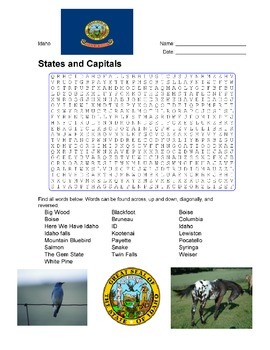 States and Capitals Idaho State Symbols Wordsearch Puzzle by Sunflower