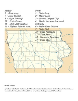 States and Capitals Iowa State Symbols Crossword Puzzle by Sunflower