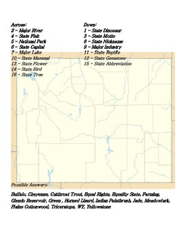 States and Capitals Wyoming State Symbols Crossword Puzzle by Sunflower