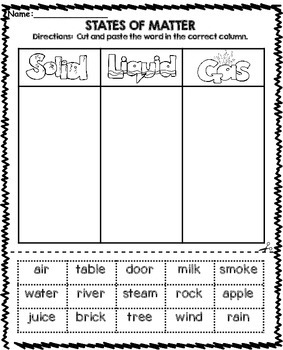 Preview of States of Matter Worksheet - Solid, Liquid, Gas Cut and Paste Worksheet
