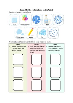 Preview of States of Matter - Cut and Paste Sorting Worksheet Activity (No Prep Printable)