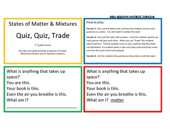 Preview of States of Matter & Mixtures Quiz, Quiz, Trade Game/Center