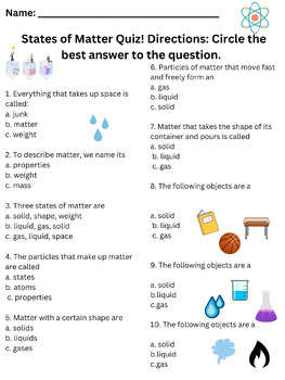 Preview of States of Matter Quiz: Grade 1