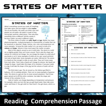 Preview of States of Matter Reading Comprehension Passage and Questions - PDF