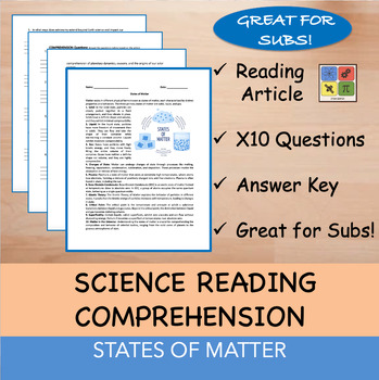 Preview of States of Matter - Reading Passage and x 10 Questions (EDITABLE)