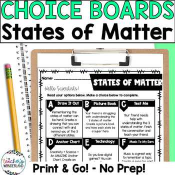 Preview of States of Matter Science Menus - Choice Boards and Activities- 4th - 5th Grade