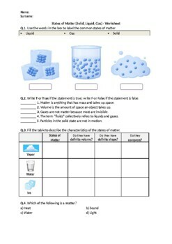 Preview of States of Matter (Solid, Liquid, Gas) - Worksheet | Printable, Distance Learning
