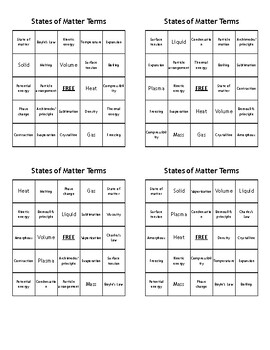 Preview of States of Matter Terms Review Bingo Game - (80) Different Cards - Print & Play!