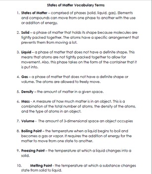 Preview of States of Matter Vocabulary