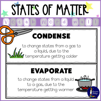 Preview of States of Matter Vocabulary Word Wall with Vocabulary Quiz