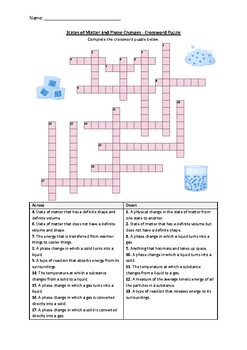 Preview of States of Matter and Phase Changes - Crossword Puzzle Worksheet (Printable)